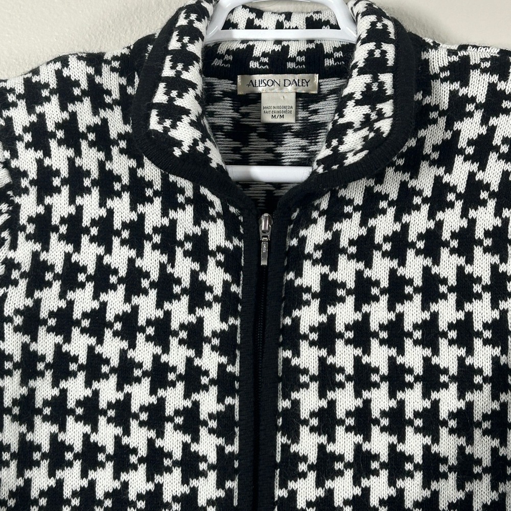 Allison Daley Womens Houndstooth Zip Front Cardigan Sweater Black White Medium